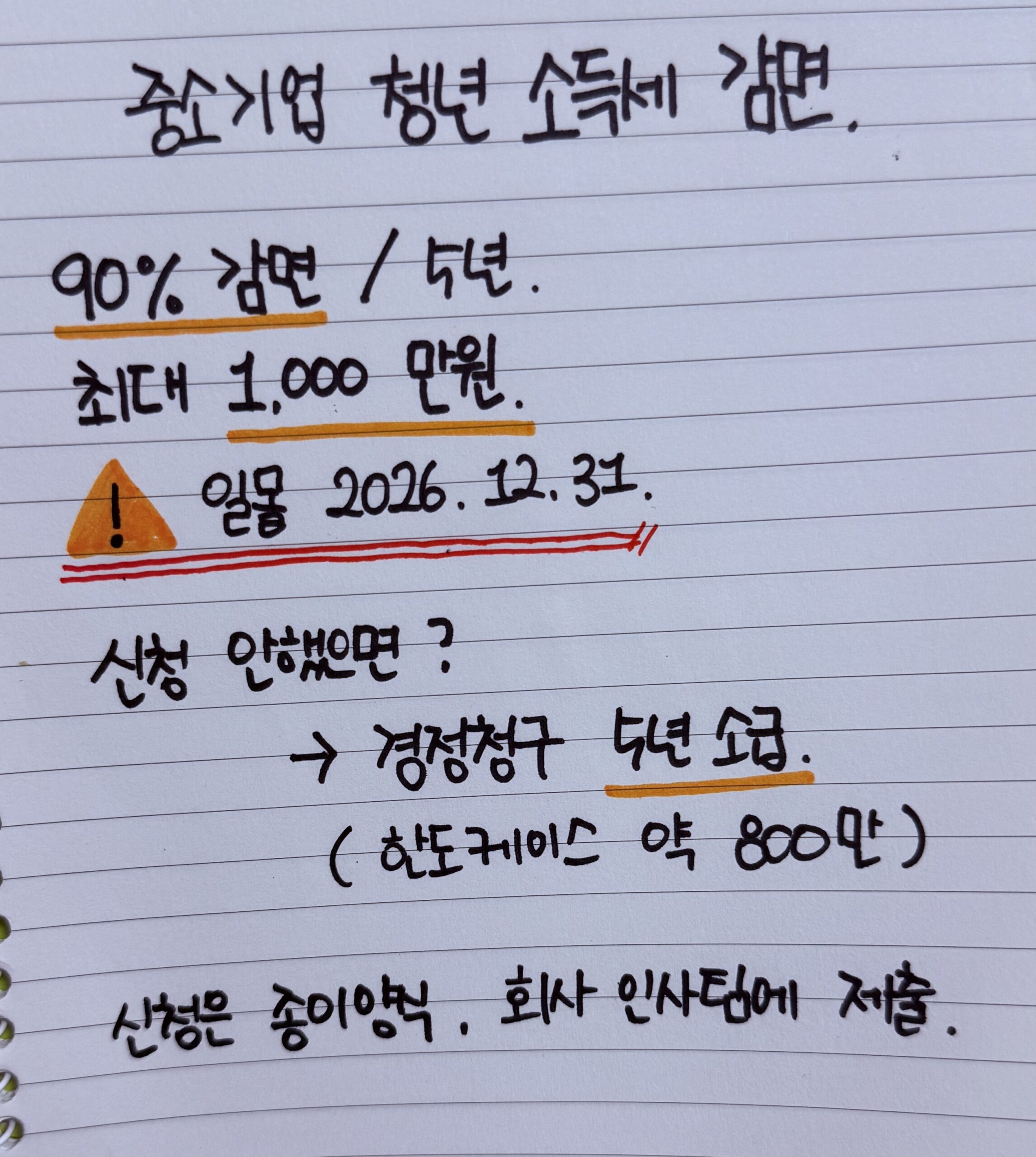 웨슬리 손글씨 메모 — 청년 소득세 감면 90% 5년 최대 1,000만원. 일몰 2026.12.31. 신청 누락이면 경정청구 5년 소급. 회사 인사팀에 신청서 제출 → 회사가 세무서로.
